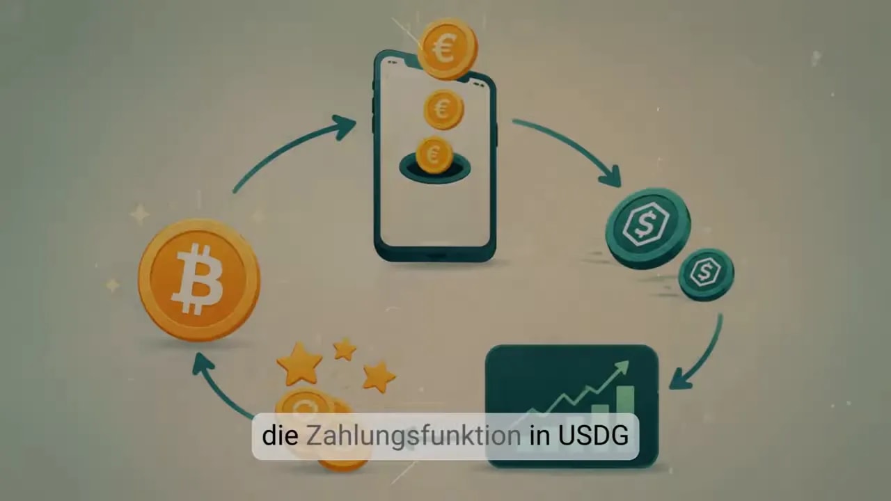 Kreislaufdiagramm mit Euro-Zahlung, USDG, Handelsvolumen, Bonus und Bitcoin
