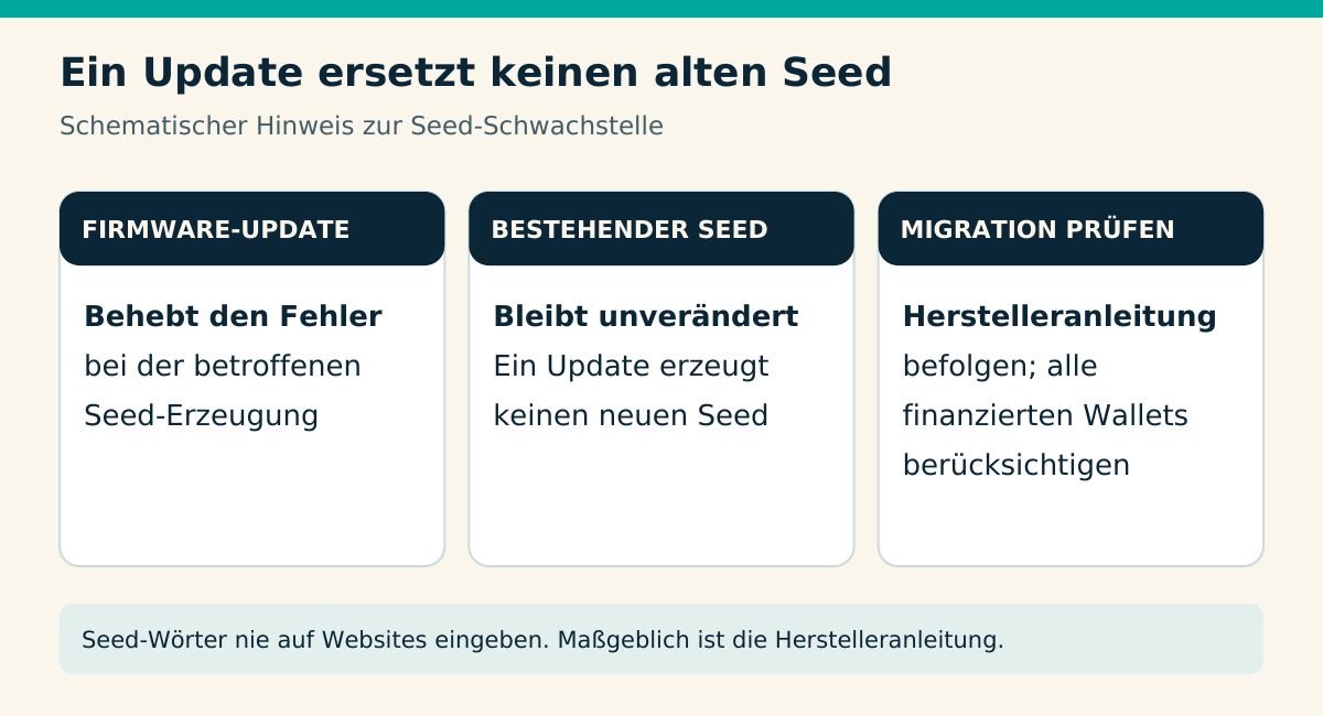 Ein Update ersetzt keinen alten Seed. FIRMWARE-UPDATE Behebt den Fehler bei der betroffenen Seed-Erzeugung. BESTEHENDER SEED Bleibt unverändert Ein Update erzeugt keinen neuen Seed. MIGRATION PRÜFEN Herstelleranleitung befolgen; alle finanzierten Wallets berücksichtigen. Seed-Wörter nie auf Websites eingeben. Maßgeblich ist die Herstelleranleitung.