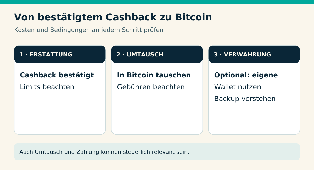 Von bestätigtem Cashback zu Bitcoin. 1 · ERSTATTUNG Cashback bestätigt Limits beachten. 2 · UMTAUSCH In Bitcoin tauschen Gebühren beachten. 3 · VERWAHRUNG Optional: eigene Wallet nutzen Backup verstehen. Auch Umtausch und Zahlung können steuerlich relevant sein.