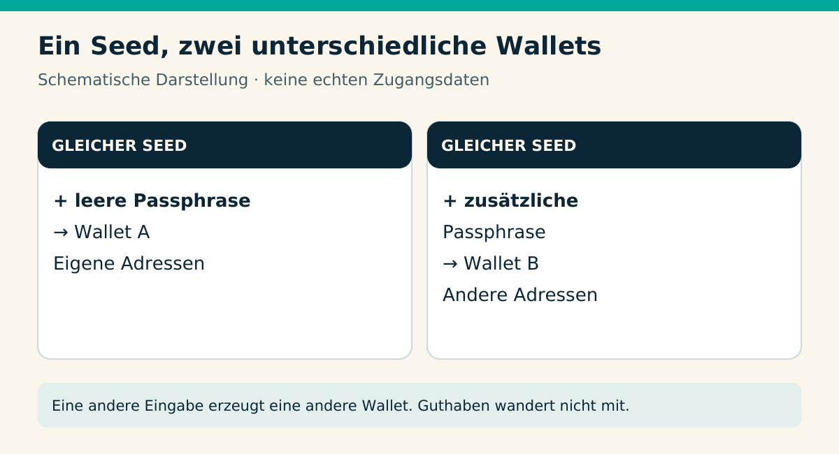 Ein Seed, zwei unterschiedliche Wallets. GLEICHER SEED + leere Passphrase → Wallet A Eigene Adressen. GLEICHER SEED + zusätzliche Passphrase → Wallet B Andere Adressen. Eine andere Eingabe erzeugt eine andere Wallet. Guthaben wandert nicht mit.