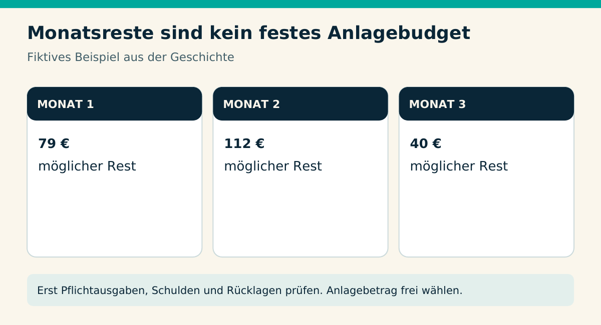 Monatsreste sind kein festes Anlagebudget. MONAT 1 79 € möglicher Rest. MONAT 2 112 € möglicher Rest. MONAT 3 40 € möglicher Rest. Erst Pflichtausgaben, Schulden und Rücklagen prüfen. Anlagebetrag frei wählen.
